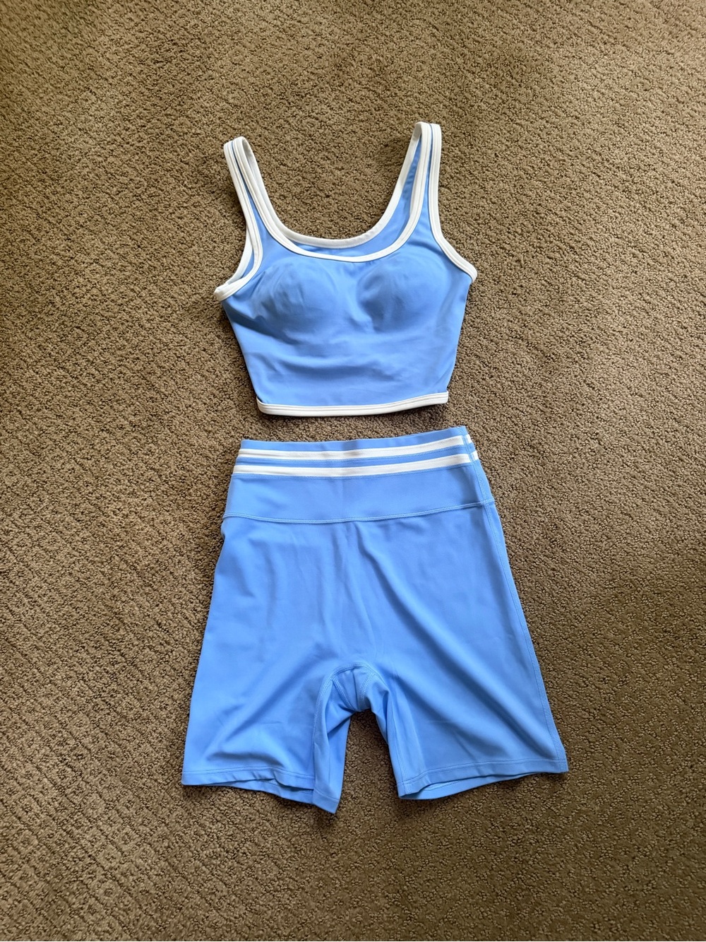 PINK Victoria's Secret Light Blue & White Athletic Crop Bra and Biker Shorts Set